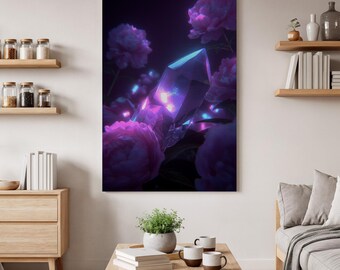 Könnte beinhalten: Ein rechteckiger Wandkunstdruck, der einen großen, leuchtenden, facettierten violetten Kristall zeigt, umgeben von dunklen, üppigen rosa Pfingstrosen. Das Kunstwerk zeigt lebendige Neonlichtreflexionen und tiefe Schatten.