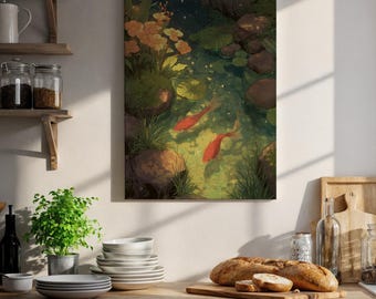 Könnte beinhalten: Ein rechteckiger Wandkunstdruck, der eine dunkle, ruhige Teichszene mit zwei leuchtend orangefarbenen Koi-Fischen zeigt, die zwischen braunen Steinen, grünen Seerosenblättern und gelben Blumen schwimmen, beleuchtet von sanften Lichtpartikeln.