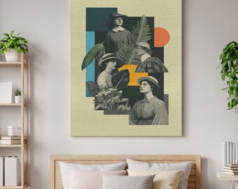 Könnte beinhalten: Ein rechteckiger Wandkunstdruck mit einer Collage aus drei schwarz-weißen Porträts von Personen mit Hüten, überlagert von geometrischen Formen in Blau, Dunkelgrau, Orange und Gelb, akzentuiert durch grüne Illustrationen tropischer Blätter.