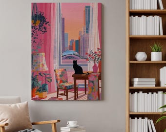Könnte beinhalten: Ein vertikaler Wandkunstdruck, der eine schwarze Katze zeigt, die auf einem Tisch vor einem Fenster mit Blick auf eine Skyline mit einer silbernen Skulptur sitzt. Die Szene umfasst rosa Vorhänge, einen Stuhl mit Blumenmuster und Pflanzen.
