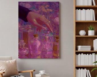 Könnte beinhalten: Ein Wandkunstdruck, der eine Hand mit Ringen zeigt, die nach mehreren Glasflaschen mit leuchtend rosa Flüssigkeit greift. Die Szene ist vor einem lebendigen violetten und magentafarbenen Hintergrund mit floralen Elementen dargestellt.