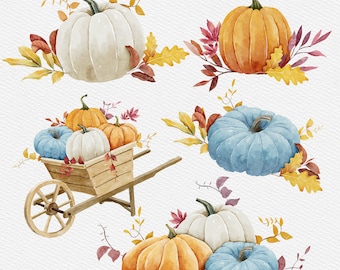 May include: Watercolor illustration of pumpkins in various colors: white, orange, and blue. Each pumpkin is adorned with autumn leaves in shades of yellow, red, and brown. One arrangement features pumpkins in a wooden wheelbarrow, evoking a harvest theme.