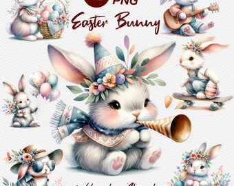 Watercolor Easter bunny clipart, Easter clipart, Spring, Cute bunnies PNG, With transparent background and commercial use