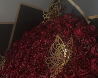 100 Red Glitter Roses | Gold Butterflies | bouquet | Black and Gold Wrap | PREORDER | Poison | Available