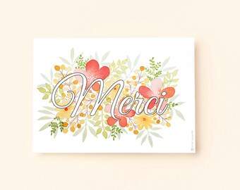 Carte postale (+enveloppe) Merci avec fleurs - Aquarelle
