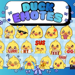 Könnte beinhalten: Eine Sammlung gelber Enten-Emojis mit verschiedenen Ausdrücken, darunter Sonnenbrillen, Wut und Tränen. Der Text "DUCK EMOTES" steht oben. Dekorative Elemente sind Blumen, Schleifen und Sterne auf blauem Hintergrund.