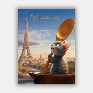 Catatouille - Wall art with cat in Paris - Poster animation with cat and wooden spoon - Cat gift wall decoration - Cat picture for living room