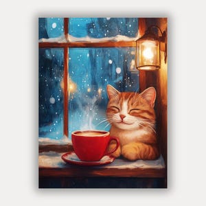 Coffee & cat poster for your home - Cozy wall art with cat in café - Cute gift idea with cats - Free shipping