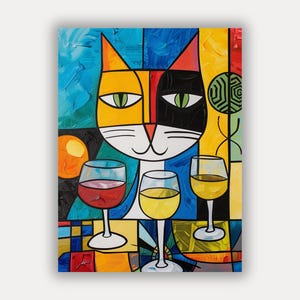 Wall Art Cat with Wine - Affiche de style Picasso - Cat Gift Wall Decor Print - Images de chat pour votre salon - Livraison gratuite