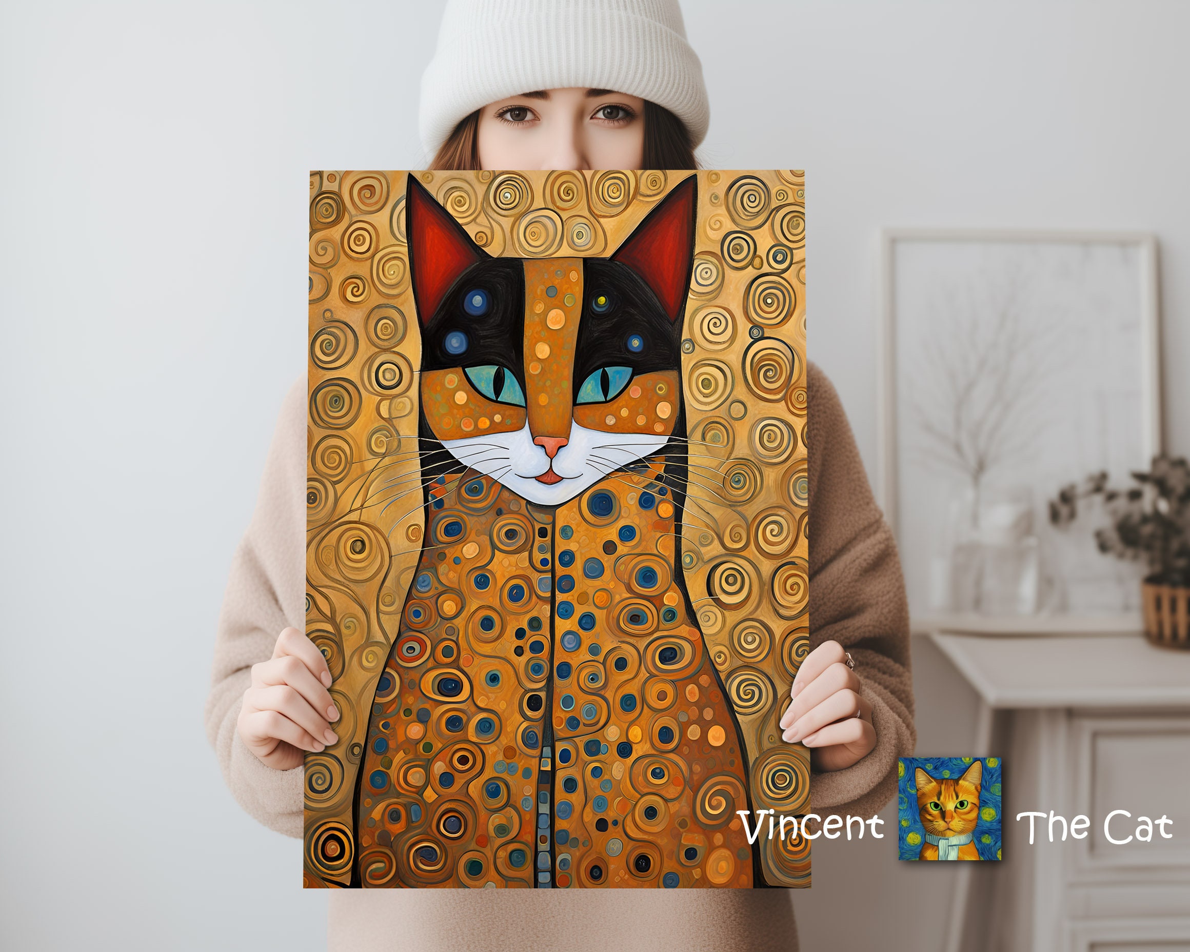 Gustav Klimt Cat Art Print - This Sweet Cat Portrait in the Style of ...