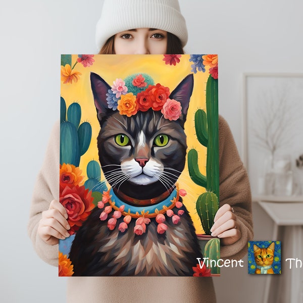 Künstler Katzenbilder im Stil von Frida Kahlo - Dieses süße Katzenportrait bringt dich zum Schnurren - Katzen Gemälde als Poster