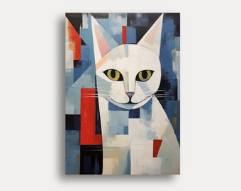 Abstract Painting of a Cat in the Style of Georges Braque - This white cat art print will put a smile on your face - Purrfect for cat lovers