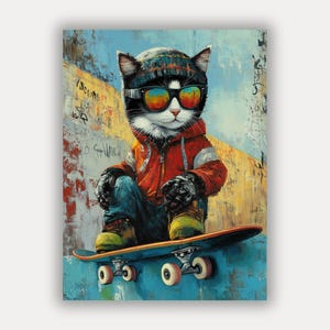 Póster con gato en patineta para tu hogar - Arte moderno de pared con gato - Linda idea de regalo con gatos - Envío gratis