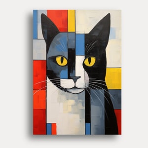 Affiche de chat style Mondrian - Impression d'art - Images de chat de haute qualité pour votre salon - Livraison gratuite