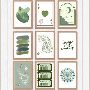 Sage Green Trendy Wall Art, Set of 9, Olive Green Printable Posters, Girly Preppy Room Wall Decor, Apartment Aesthetic Retro Wall Art