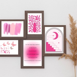 Preppy Pink Trendy Wall Art, Set of 5, College Dorm Wall Decor, Girly Gallery Wall Art, Colorful Wall Prints, Maximalist Digital Download