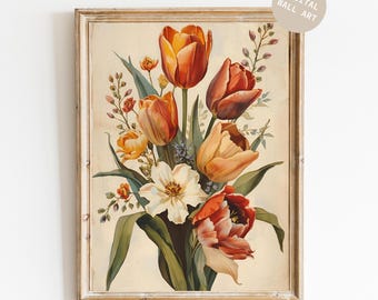 【原画販売】チューリップのブーケ　水彩画 透明水彩画「チューリップの花束」イラスト ミニ額 春 花 プチギフト