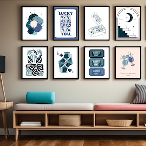 Arte de pared moderno en paquete/Juego de 15 piezas de arte de pared retro azul moderno/Arte de pared estético/Decoración de pared para habitación preppy/Arte de pared moderno para dormitorio/Arte de pared para apartamento