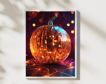Stampa artistica di zucca con palla da discoteca: decorazione glamour autunnale per Halloween (download digitale)