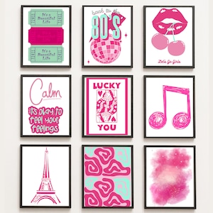 Pink Preppy Trendy Wall Art, Set of 9, College Dorm Wall Decor, Girly Wall Art, Colorful Wall Prints,  Maximalist Decor, Digital Download