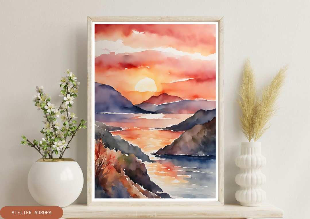 Watercolor Sunset Mountain Art Print: Landscape Wall Decor (PDF) - Etsy