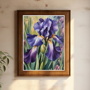 Vintage Iris Flower Wall Art, Purple Floral Wall Art Print, Spring Wildflower Poster, Digital Download, Botanical Decor, Artful Wall Art