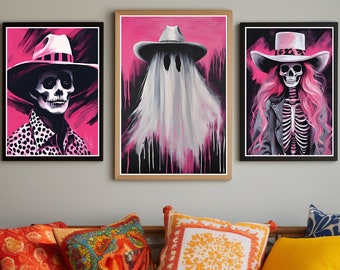 Stampe artistiche di scheletri fantasma rosa di Halloween: decorazioni femminili alla moda (download digitale)