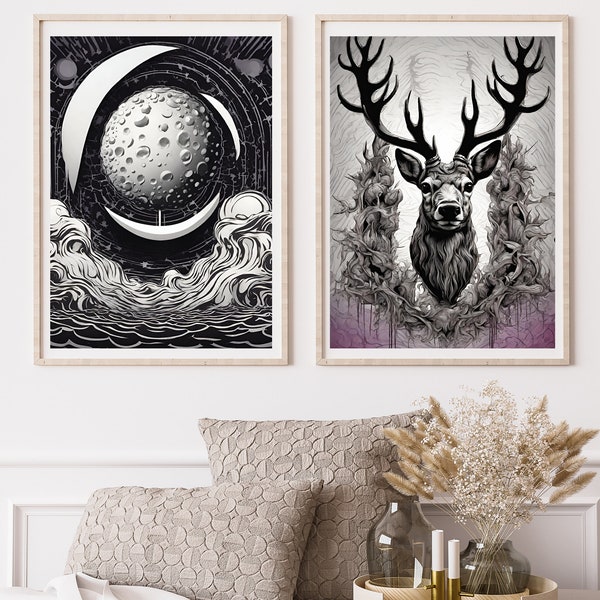 Black and White Waves Waltz and Deer Art Print Set of 2 | Digital Download PRINTABLE Wall Art | College Dorm Decor |  PDF Wall Decor