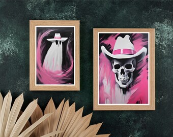 Pink Halloween Ghost & Skeleton Art Prints: Girly Room Decor (Digital Download)