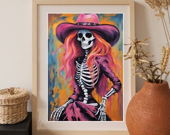 Impresión artística de esqueleto colorido: Vaquera espeluznante (descarga digital)