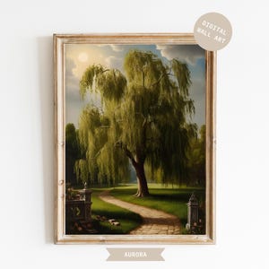 Pintura al óleo de sauce llorón, arte mural, pintura al óleo, impresión de paisaje natural sereno, decoración botánica rústica para sala de estar o dormitorio