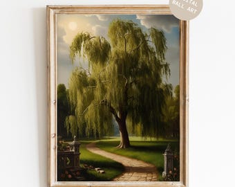 Weeping Willow Tree Oil Painting: Serene Landscape Art (Digital Download)