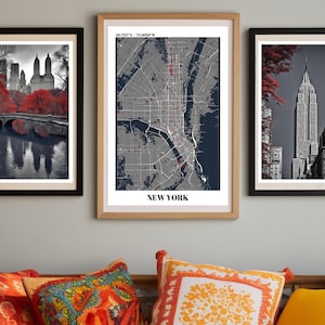 New York City druckbare Kunst, Set von 3, NYC Karte digitaler Download, Central Park Drucke, Empire State Building Wandkunst, NYC Fotografie Trio