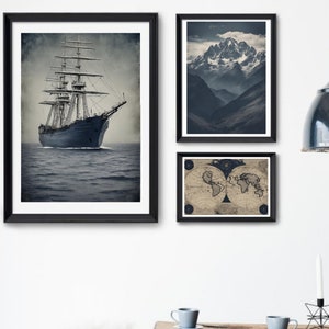 Juego de 3 cuadros de arte mural de moda, mapas marítimos y vistas a la montaña, pintura vintage de barco oceánico, paisaje marino vintage imprimible, impresión digital de póster.