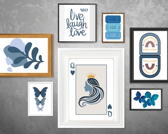Blue Preppy Wall Art Set: Queen of Hearts, Butterfly (Digital Download)