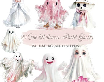 23 Cute Pastel Halloween Ghosts Clipart Digital PNGs | Kawaii Adorable Spooky Fun Quirky High Res 300dpi, 3000x3000px Transparent Background