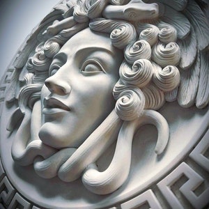 Medusa Relieve Estatua Busto yeso Figura griega Mitología Atenea Historia del Arte Versace Escultura abstracta Mitos 3 d modelo Wall Deco pared del hogar imagen 3