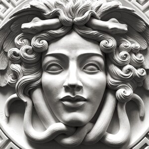 Medusa Relieve Estatua Busto yeso Figura griega Mitología Atenea Historia del Arte Versace Escultura abstracta Mitos 3 d modelo Wall Deco pared del hogar imagen 2