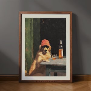 Retro smoking dog wall art framed on kitchen counter with warm natural light