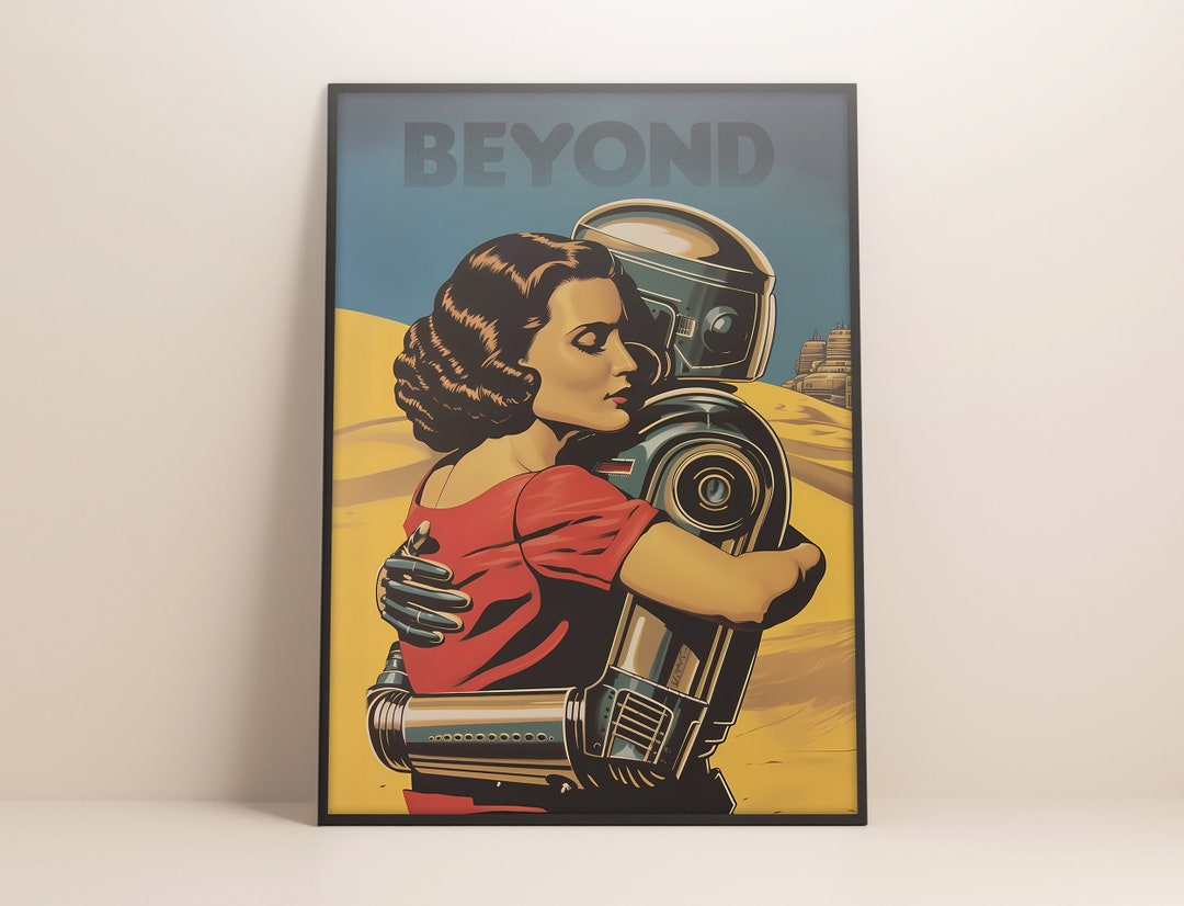 Retro Robot Love Poster Housewife and Robot Embrace, Mid-century Modern ...