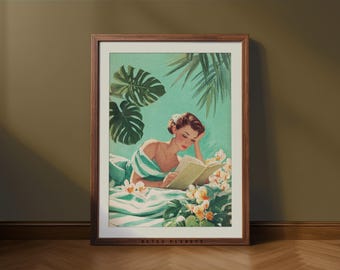 Retro Book Club Wall Art – Vintage Woman Reading Print for Reading Nook (Digital Download)