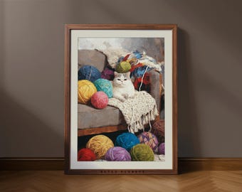 Vintage Cat with Yarn Art Print – Retro Knitting Decor (Digital Download)