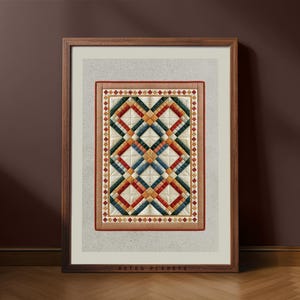 May include: A framed print featuring a geometric quilt pattern with a repeating diamond and square design in shades of red, green, blue, and yellow. The artwork is centred on a light grey background within a dark brown wooden frame.