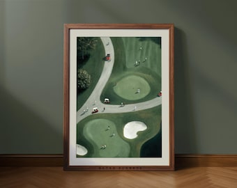 May include: A framed print of a golf course from an aerial view. The artwork features green fairways, white sand traps, and golfers. The frame is a dark brown color, and the text "RETRO PLANETS" is visible at the bottom.