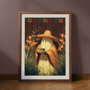 Ghost in Sombrero Print: Mexican Cafe Halloween Retro Decor (Digital Download)