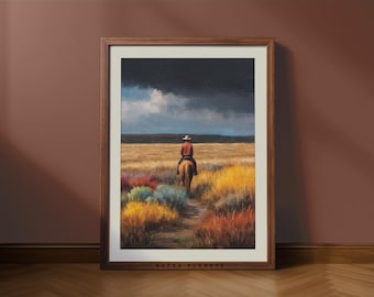 Vintage Cowboy Wall Art Print, Western Horse Rider Landscape, Rustic Country Western Decor, Printable Western Art Download