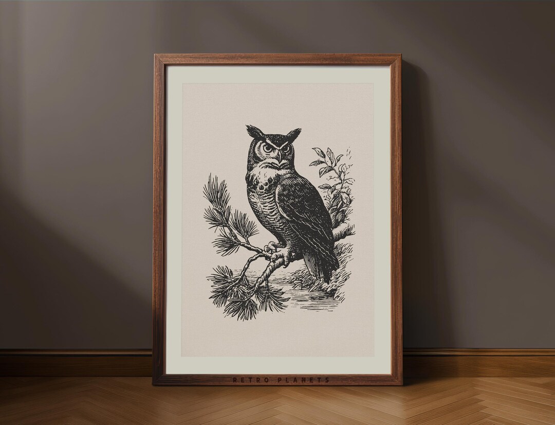 Vintage Great Horned Owl Print – Retro Wildlife Cabin Wall Art (digital ...