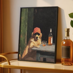 Retro smoking dog wall art framed on kitchen counter with warm natural light