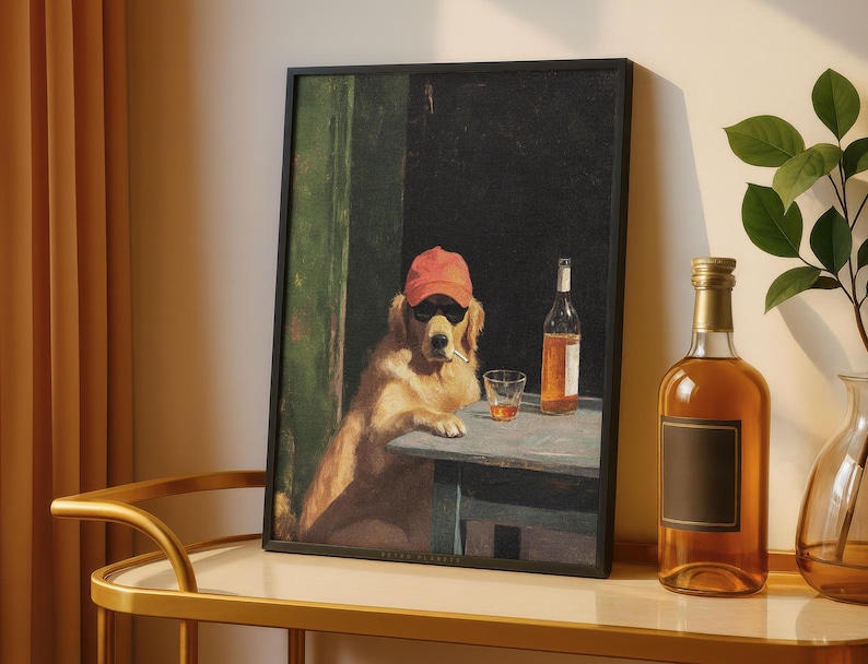 Retro smoking dog wall art framed on kitchen counter with warm natural light