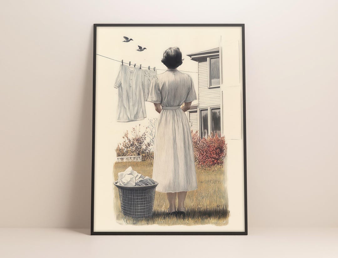 Vintage Laundry Day Art Print, Woman Hanging Clothes, Retro Wall Decor ...